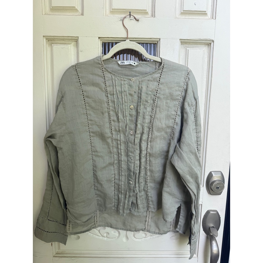 Zara Sage Green Ramie Pintuck Ladder Stitch Blouse Boho Button Front Top Size XS